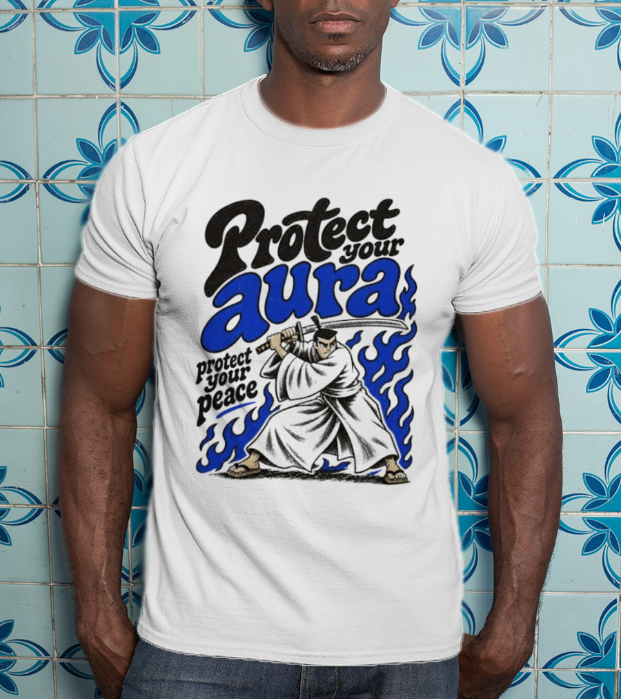 Protect Your Aura Samurai Protect Your Peace Blue Flames T-Shirt