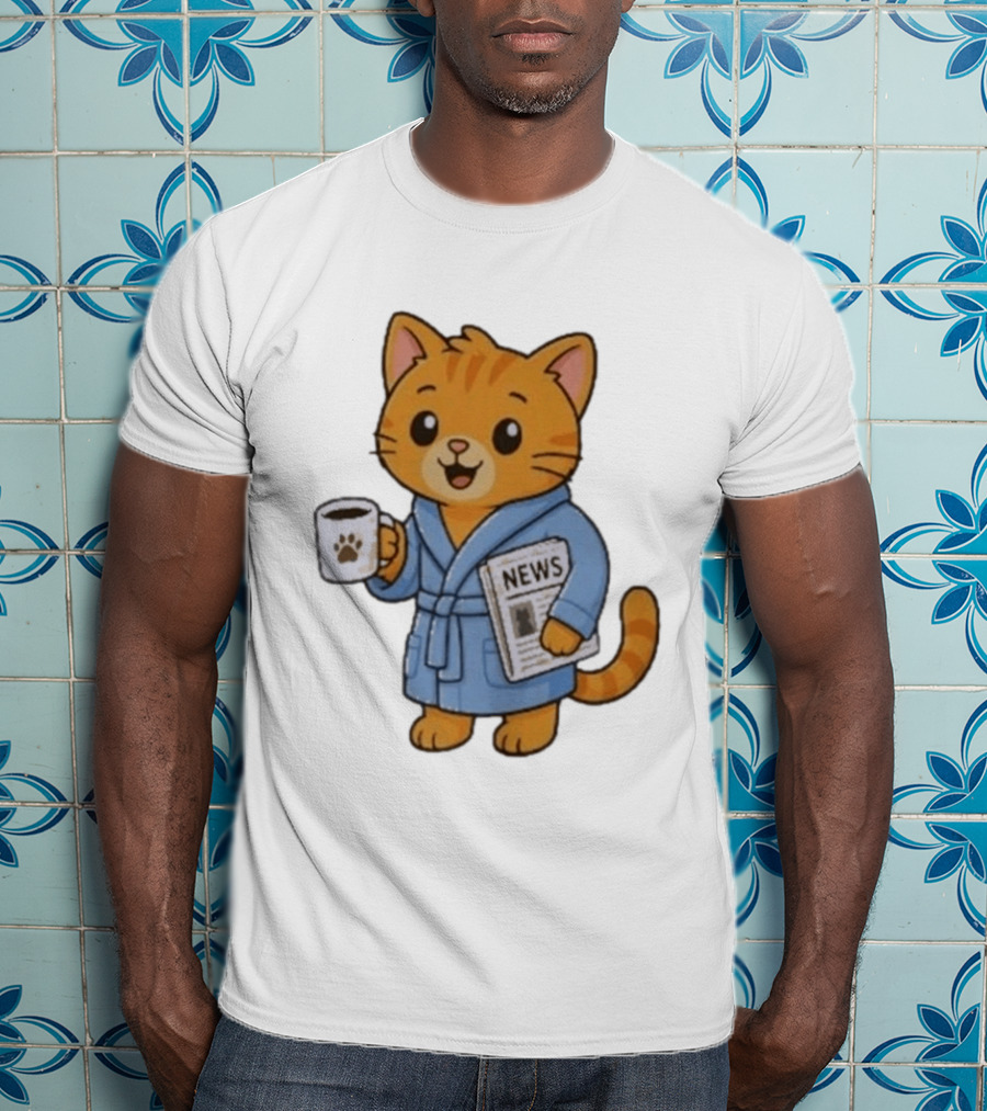 Cat In Bathrobe With Coffee And Newspaper T-Shirt