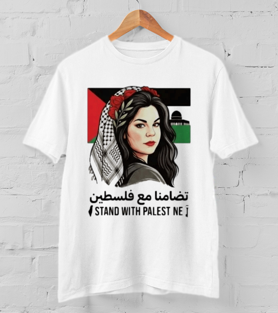 Stand With Palestine Women تضامنًا مع فلسطين Iconic Figure With Traditional Scarf And Flag T-Shirt