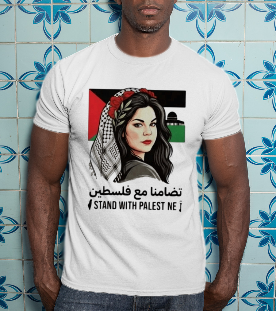 Stand With Palestine Women تضامنًا مع فلسطين Iconic Figure With Traditional Scarf And Flag T-Shirt