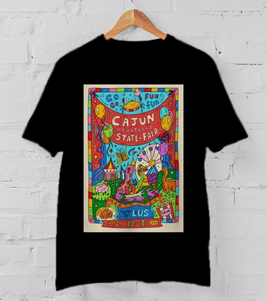 Cajun Heartland State Fair 2026 Go Go Fun May 22 31 LUS Popcorn Dinosaur T-Shirt