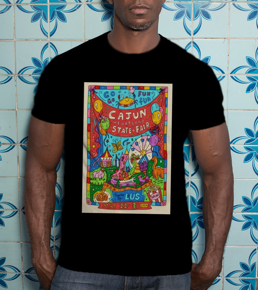 Cajun Heartland State Fair 2026 Go Go Fun May 22 31 LUS Popcorn Dinosaur T-Shirt