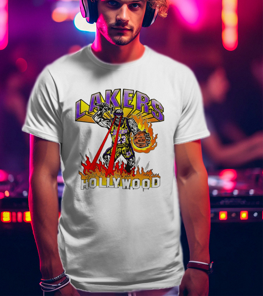 Rare Warren Lotas Los Angeles Lakers Hollywood Basketball Player Flames Laser Eyes 23 Team T-Shirt