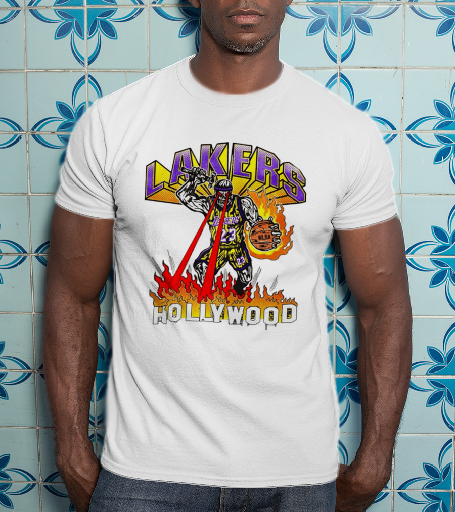 Rare Warren Lotas Los Angeles Lakers Hollywood Basketball Player Flames Laser Eyes 23 Team T-Shirt