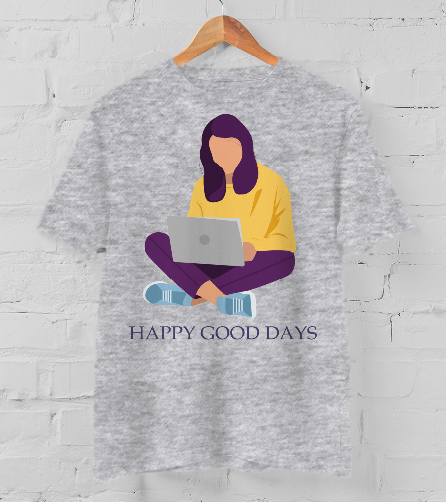 HAPPY GOOD DAYS Laptop Sitting Woman T-Shirt