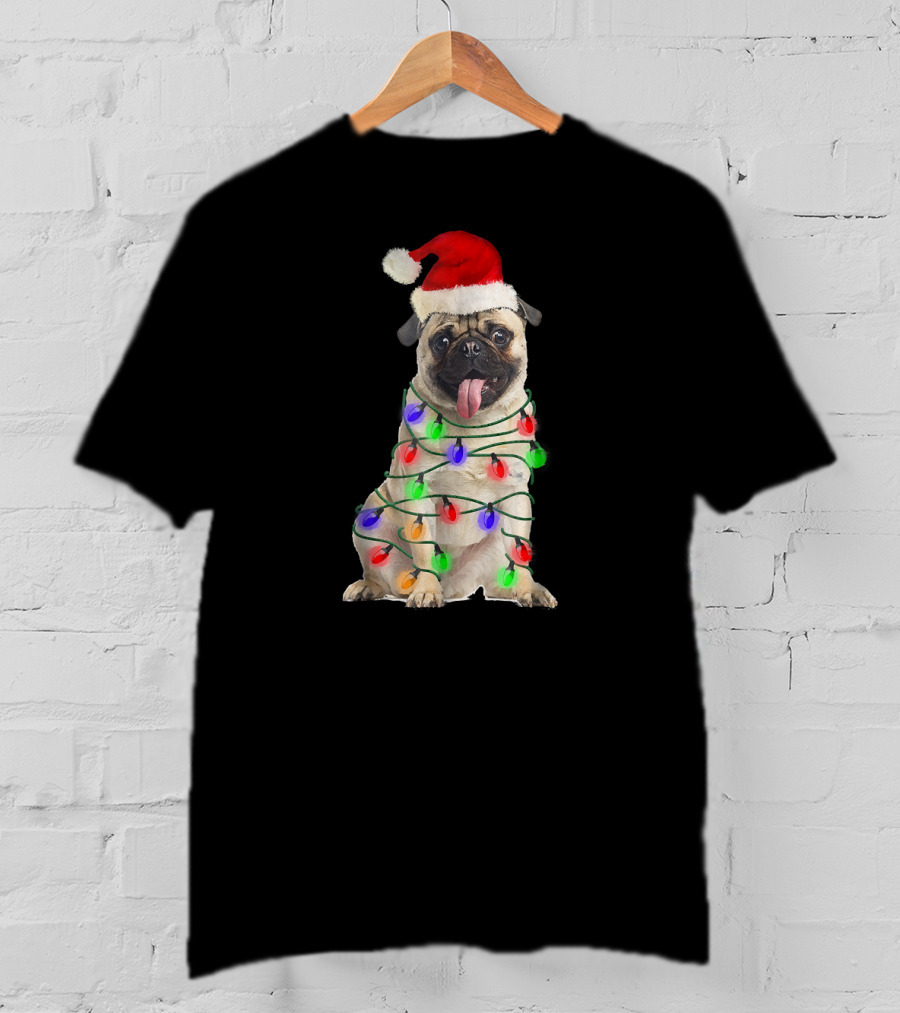 Christmas Pug Wrapped In Festive Lights Wearing Santa Hat T-Shirt