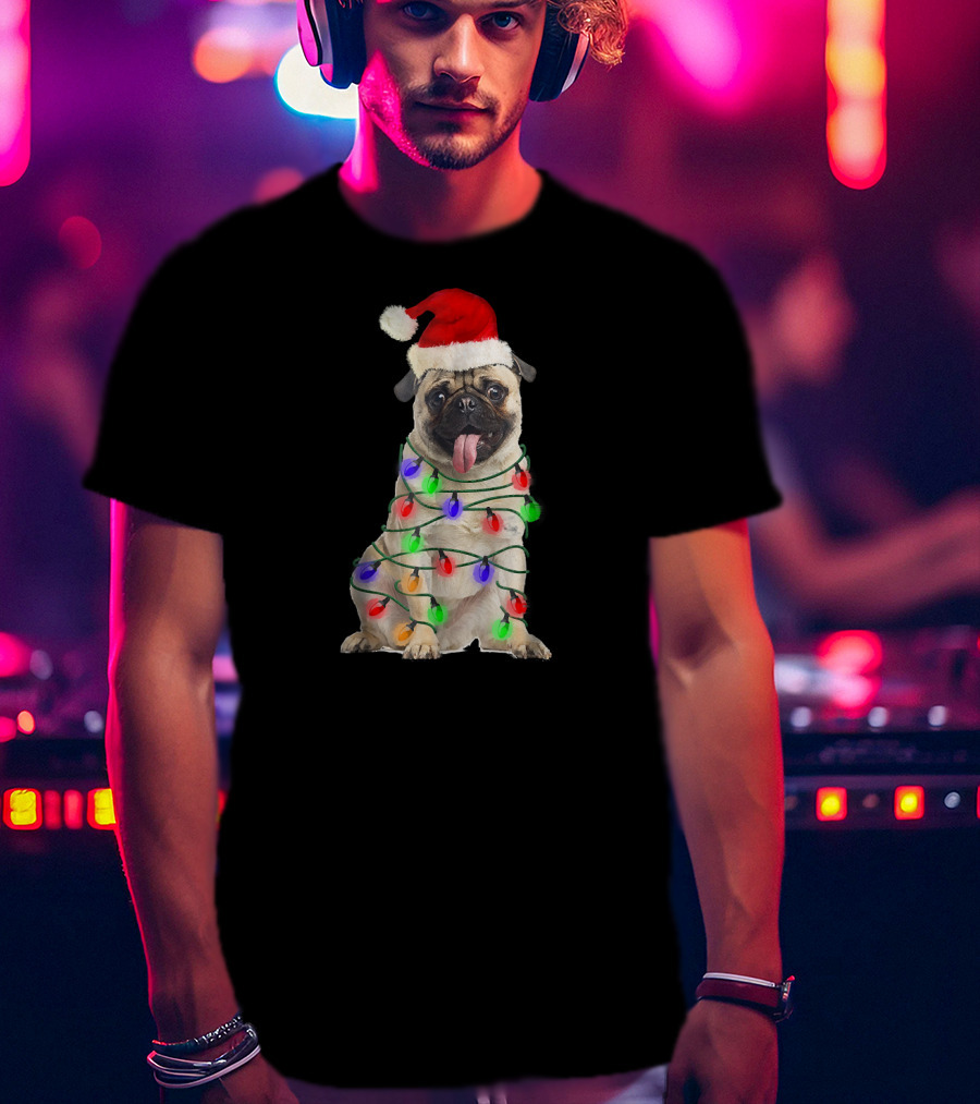 Christmas Pug Wrapped In Festive Lights Wearing Santa Hat T-Shirt