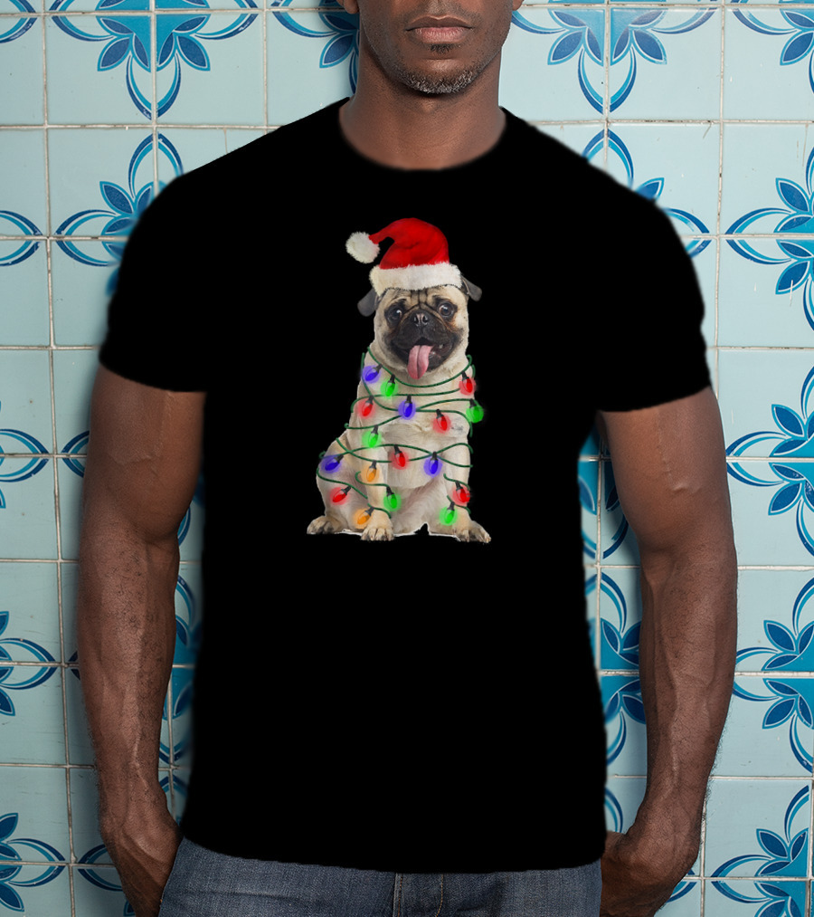 Christmas Pug Wrapped In Festive Lights Wearing Santa Hat T-Shirt