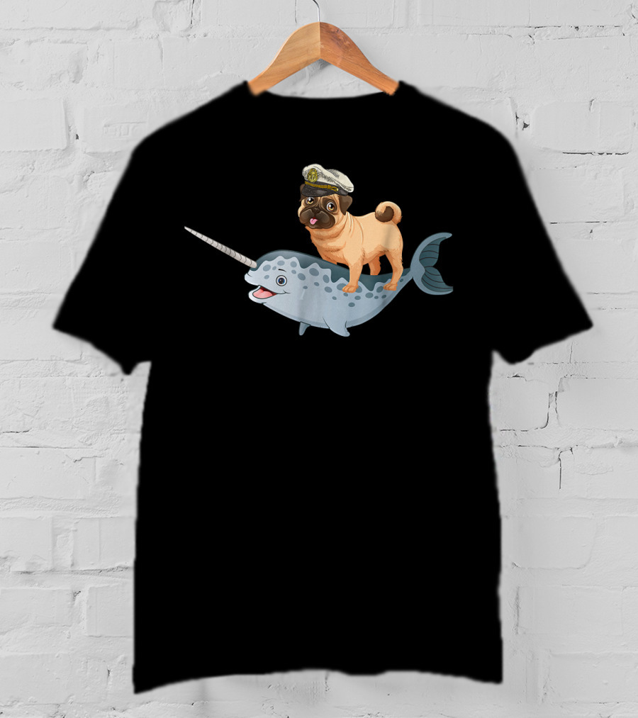 Captain Pug On Narwhal Funny Pug Adventure T-Shirt