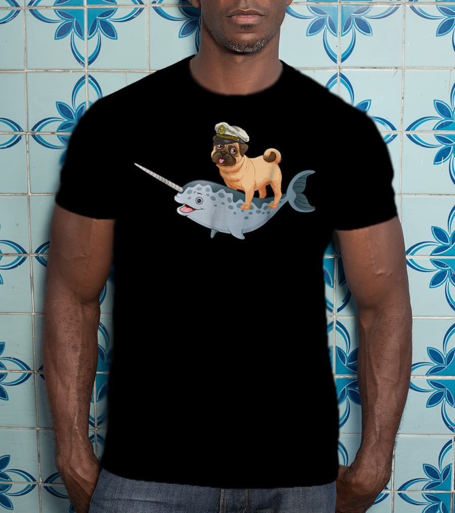 Captain Pug On Narwhal Funny Pug Adventure T-Shirt