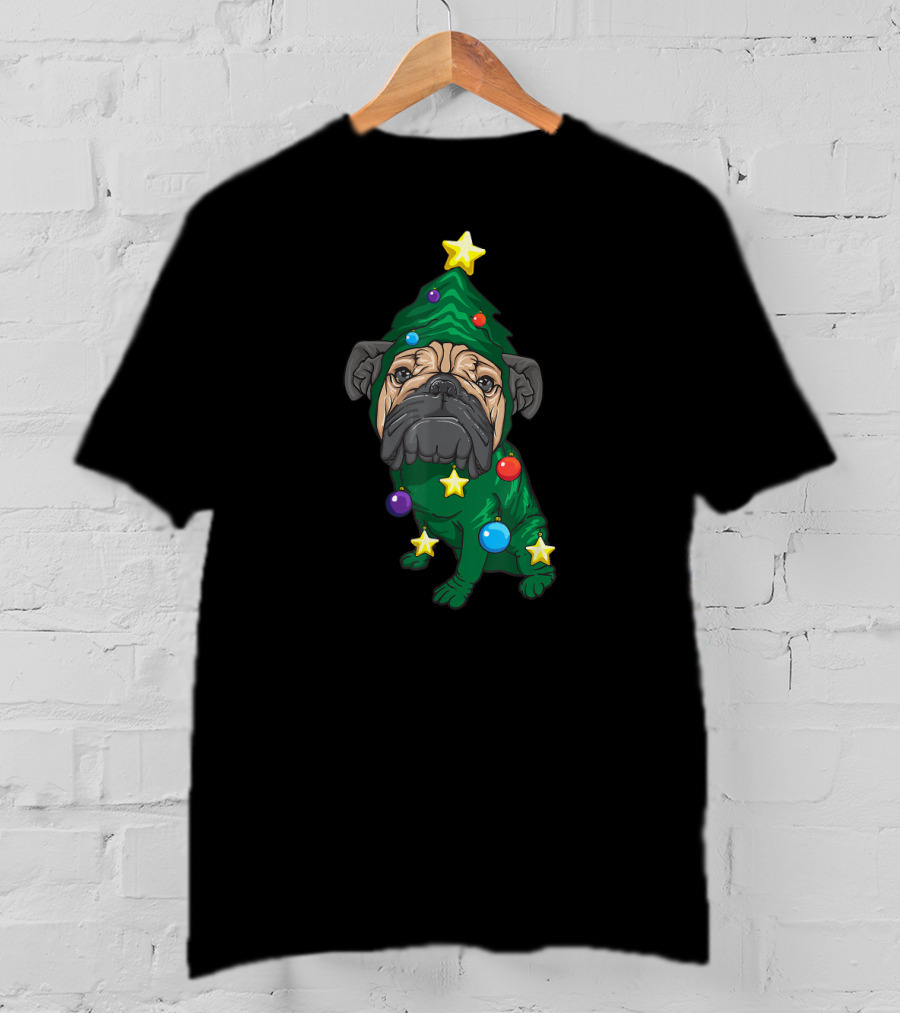 Pug Christmas Tree Yuletide Adorable Puppy Fan Holiday Stars Ornaments T-Shirt