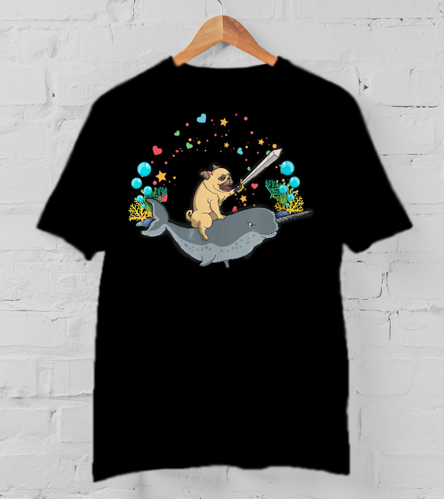 Warrior Pug With Sword Rides A Narwhal Surrounded By Hearts And Stars T-Shirt