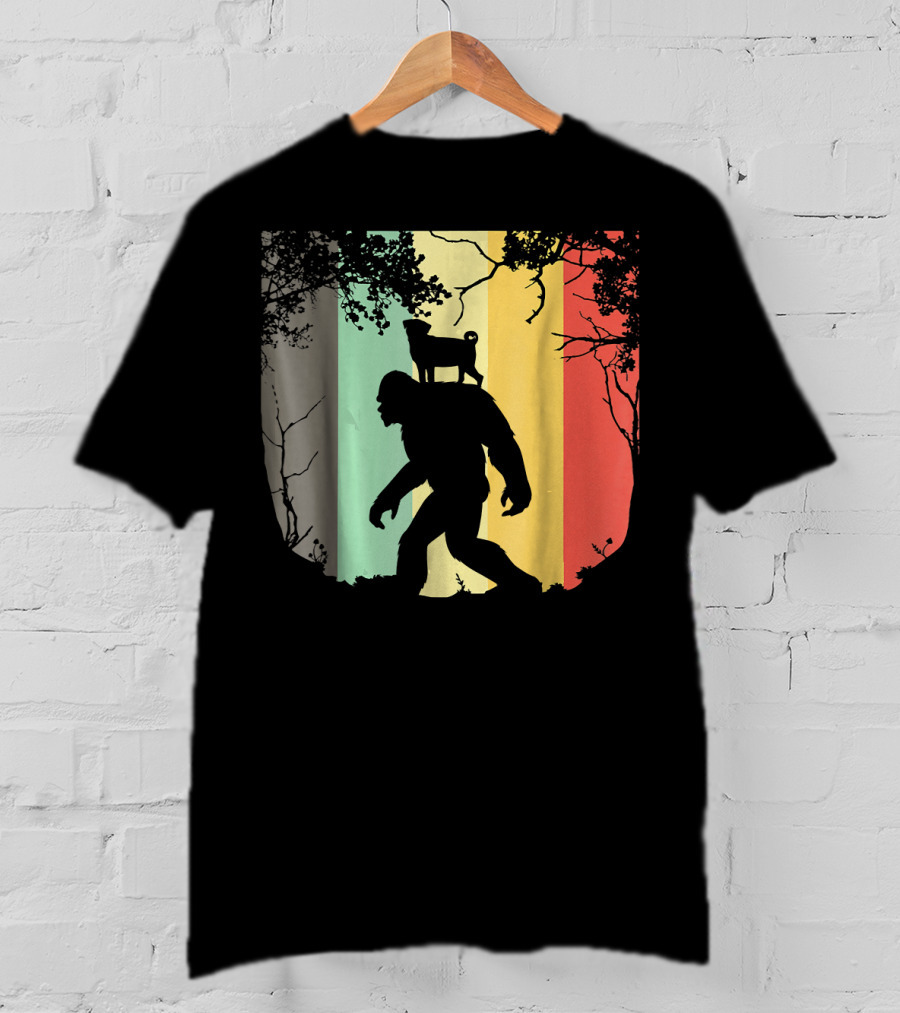 Pug Riding Bigfoot Vintage Retro Sunset Stripes T-Shirt