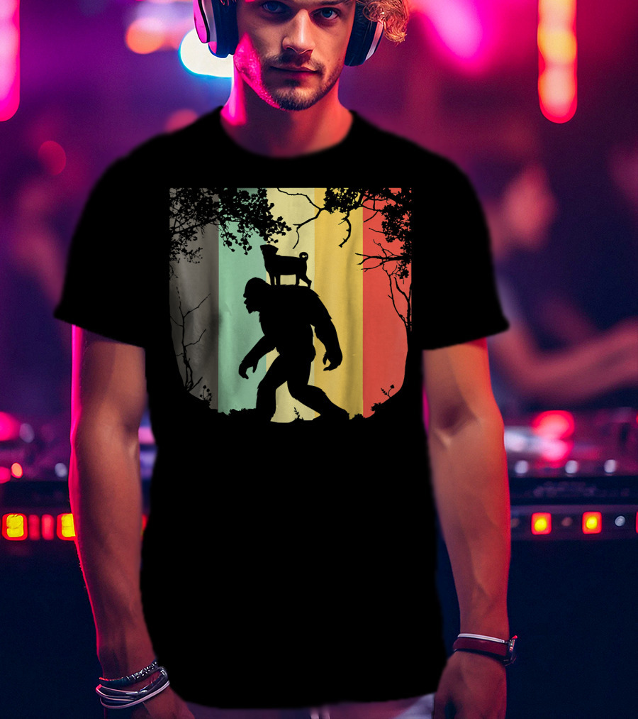 Pug Riding Bigfoot Vintage Retro Sunset Stripes T-Shirt