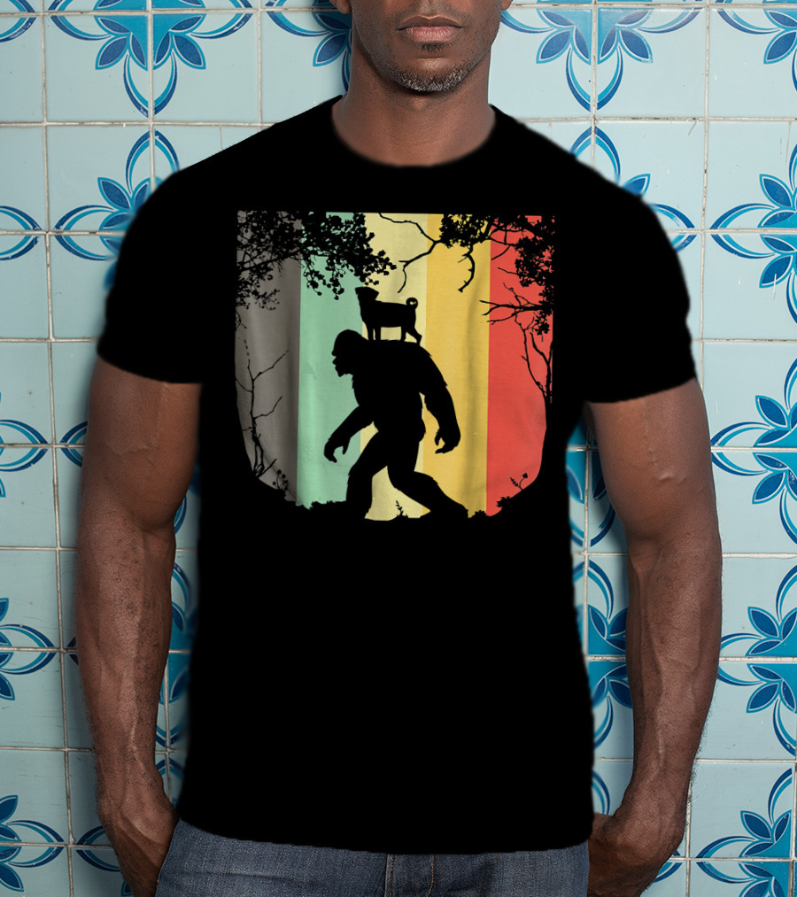 Pug Riding Bigfoot Vintage Retro Sunset Stripes T-Shirt