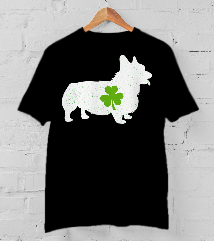 Corgi Silhouette With Green Clover Irish T-Shirt