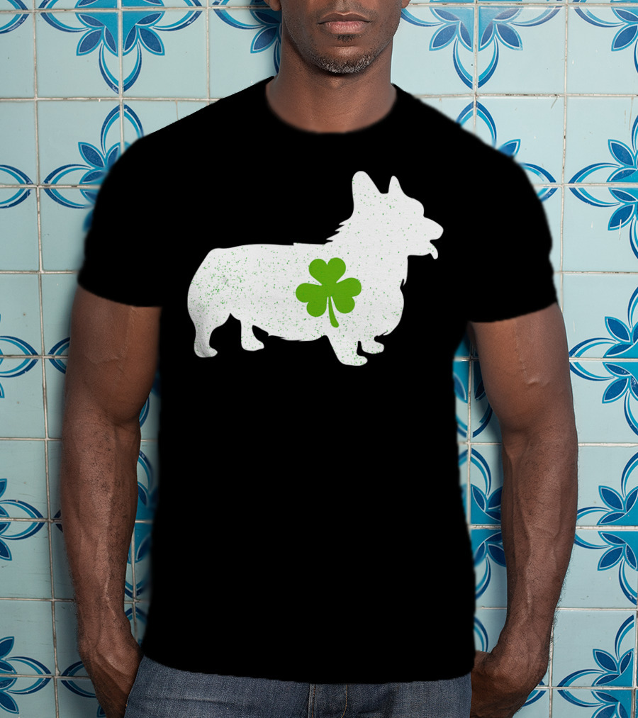 Corgi Silhouette With Green Clover Irish T-Shirt