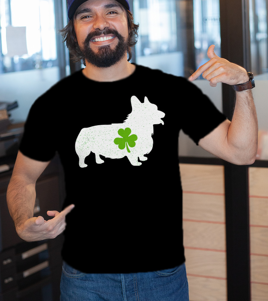 Corgi Silhouette With Green Clover Irish T-Shirt