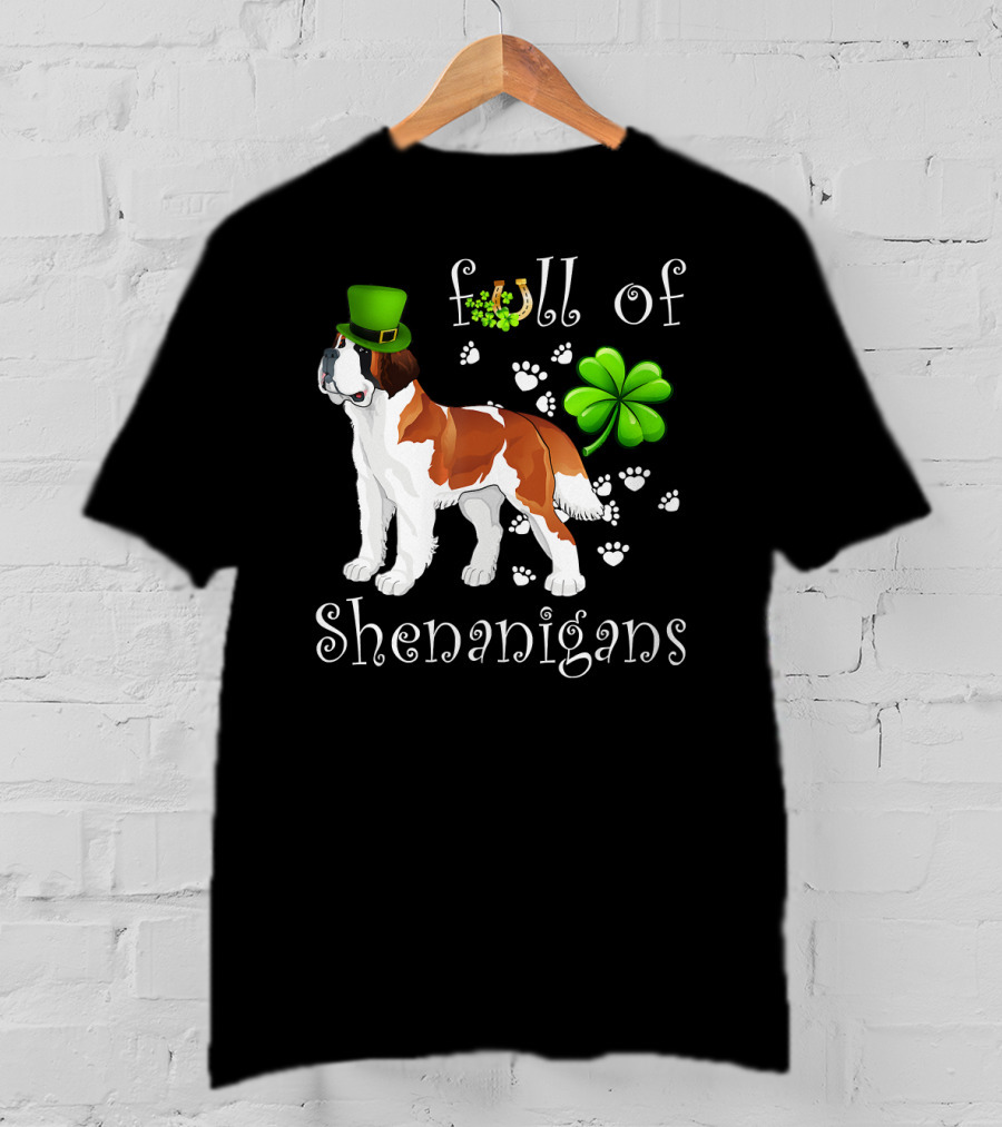 Full Of Shenanigans St Bernard Dog With Shamrock Hat And Paw Prints T-Shirt