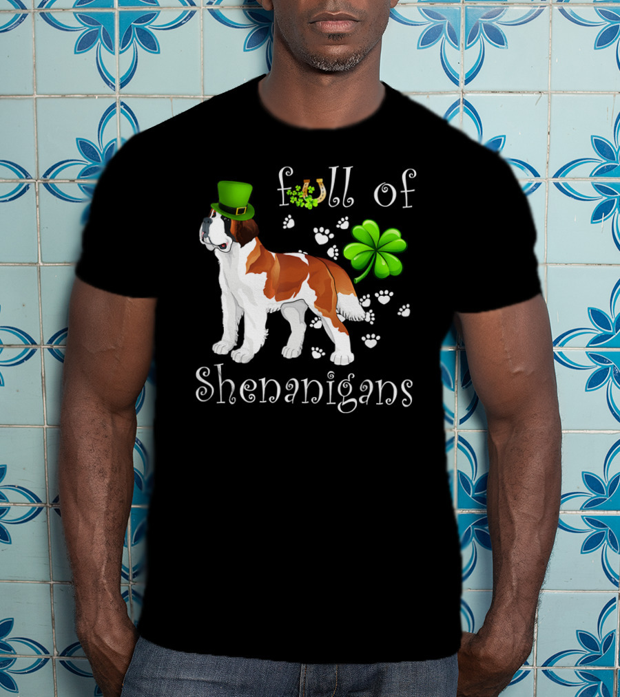 Full Of Shenanigans St Bernard Dog With Shamrock Hat And Paw Prints T-Shirt