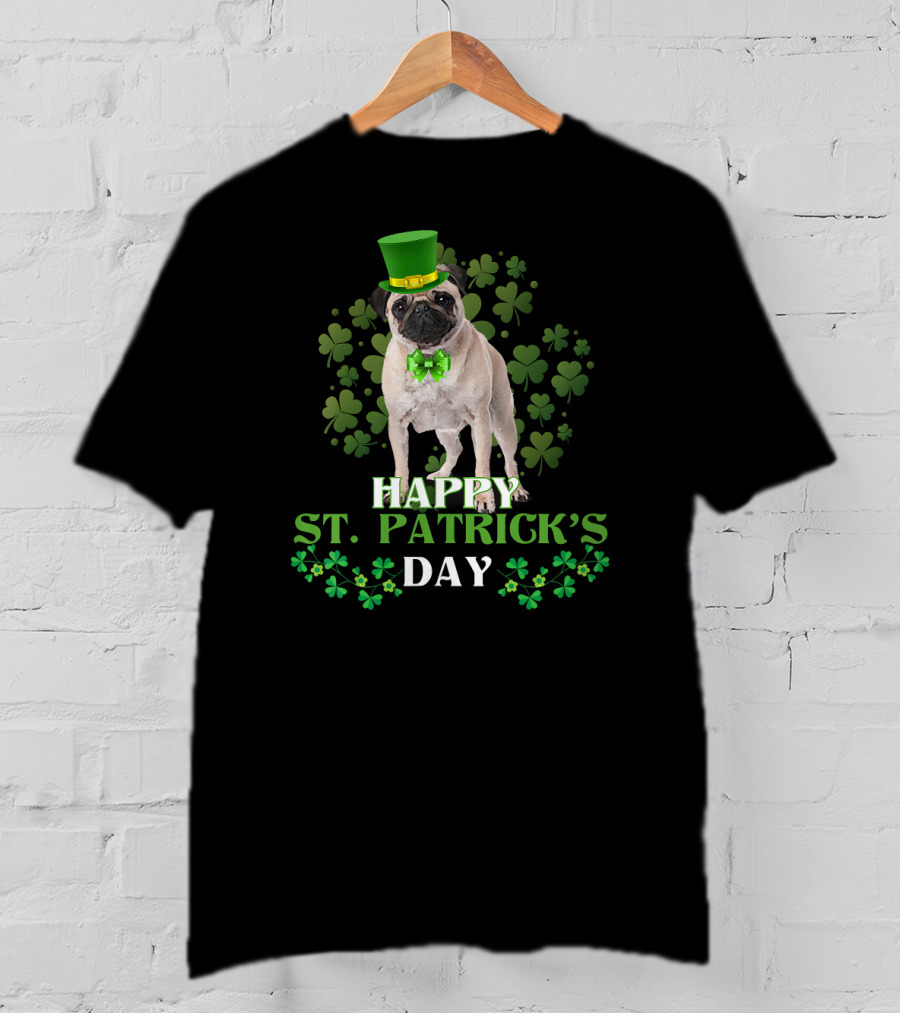 Happy St Patrick's Day Leprechaun Pug With Shamrocks T-Shirt