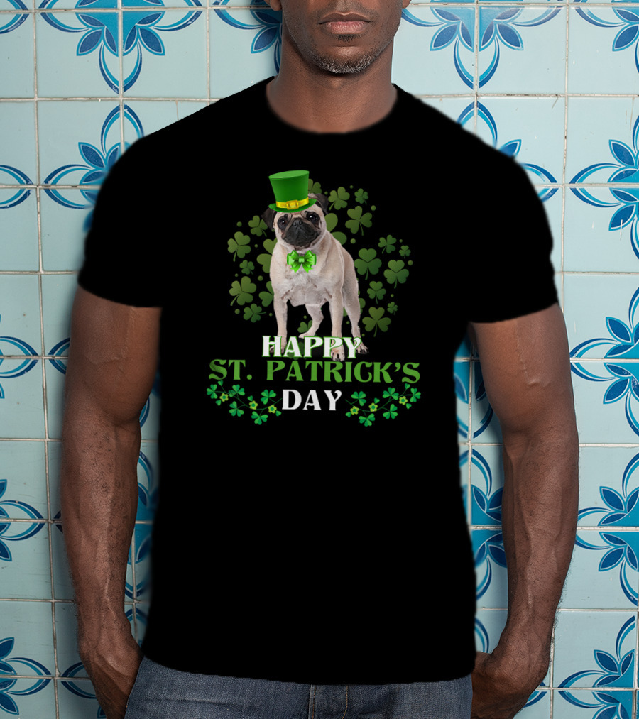 Happy St Patrick's Day Leprechaun Pug With Shamrocks T-Shirt