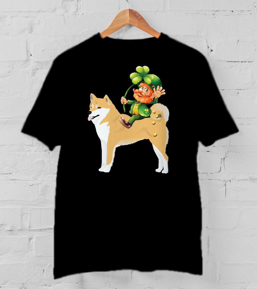 Leprechaun On Shiba Inu With Shamrock Rider T-Shirt