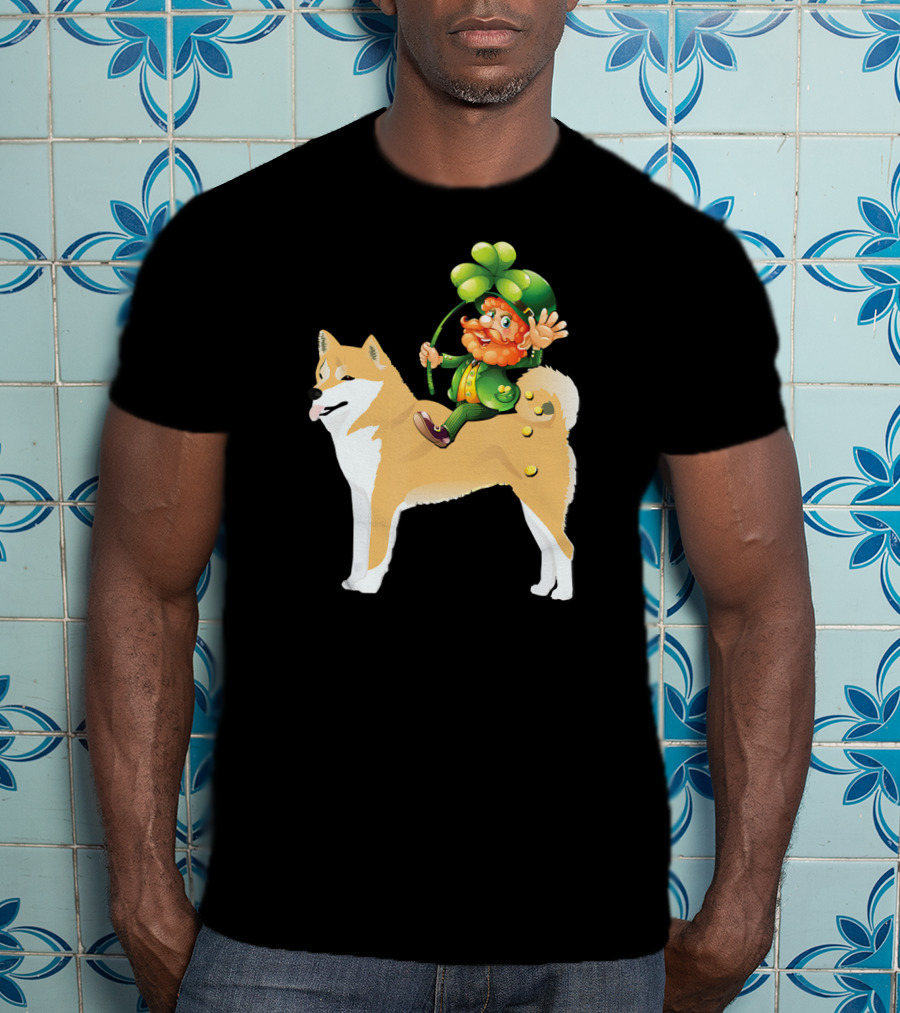 Leprechaun On Shiba Inu With Shamrock Rider T-Shirt