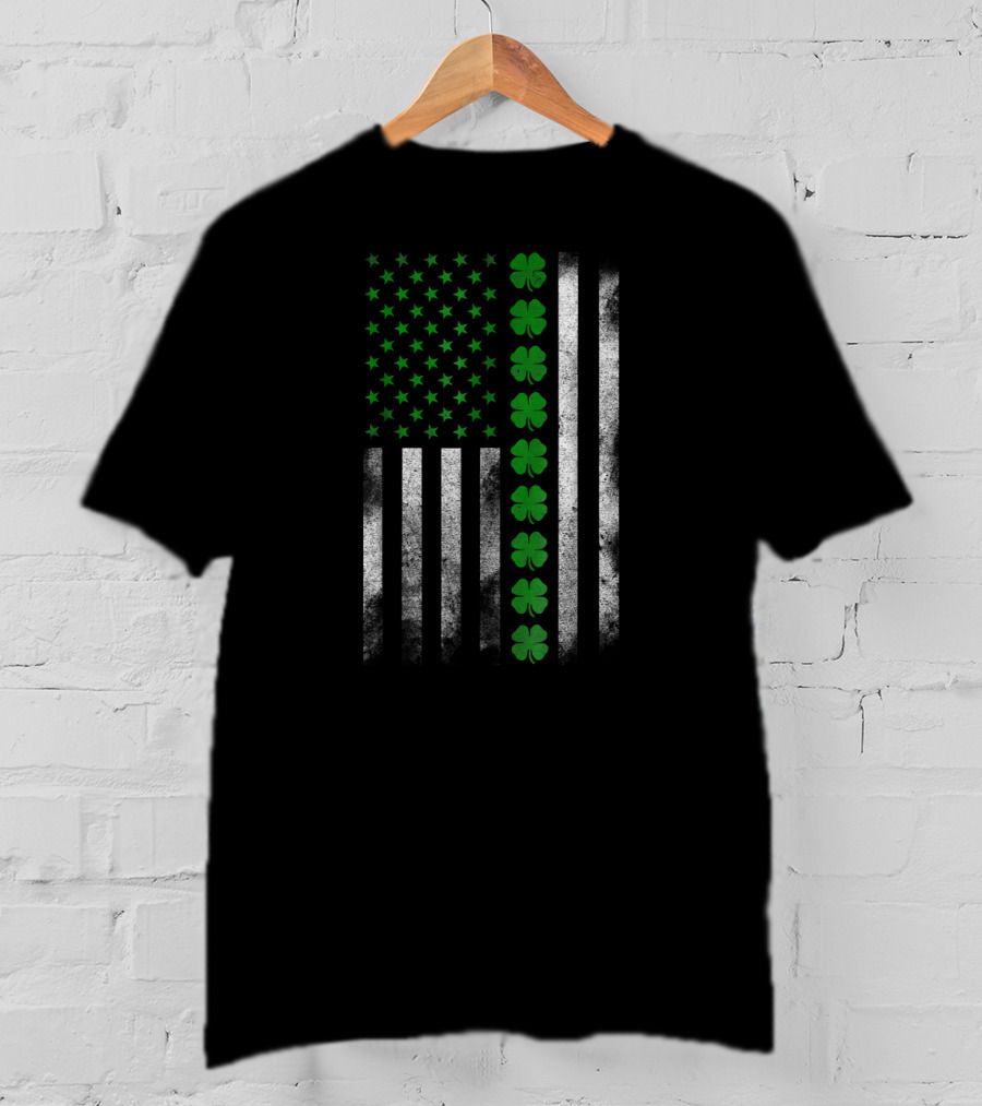 St. Patricks Day Green Clover Irish American Flag T-Shirt