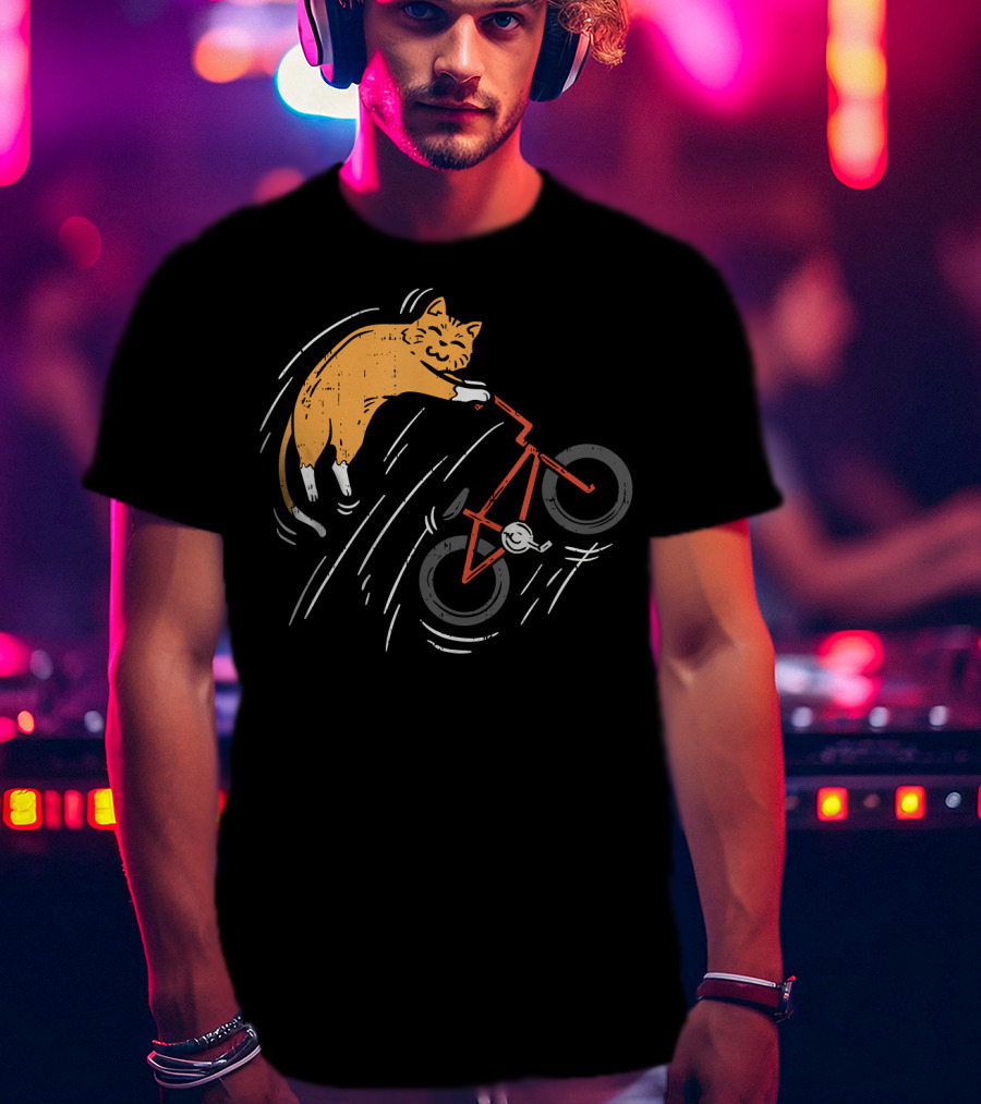 Orange Cat Riding Bicycle In Motion T-Shirt