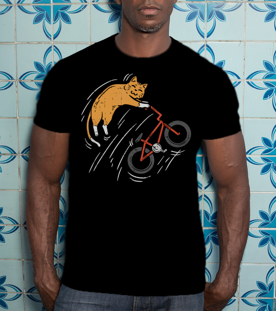 Orange Cat Riding Bicycle In Motion T-Shirt