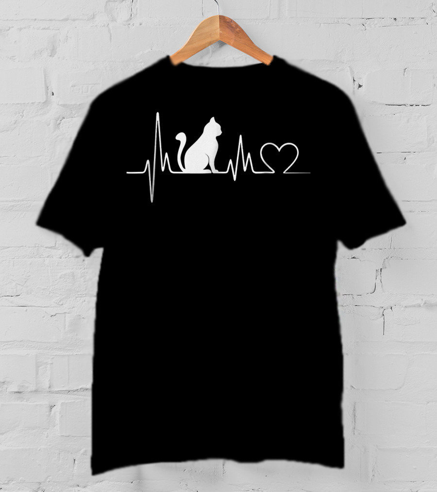 Cat Heartbeat With Heart Outline And Cat T-Shirt