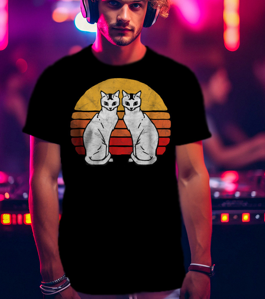 Vintage Eighties Style Twin Siamese Cats With Retro Sunset Stripes T-Shirt