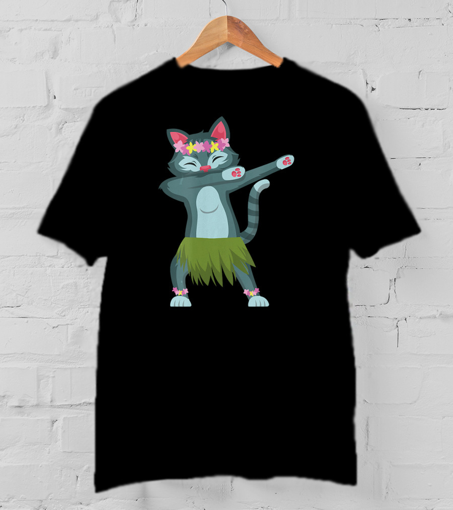 Aloha Cat Hawaiian Dance Mele Kalikimaka Hula Kitty With Floral Crown And Grass Skirt T-Shirt