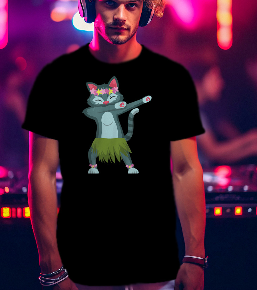 Aloha Cat Hawaiian Dance Mele Kalikimaka Hula Kitty With Floral Crown And Grass Skirt T-Shirt