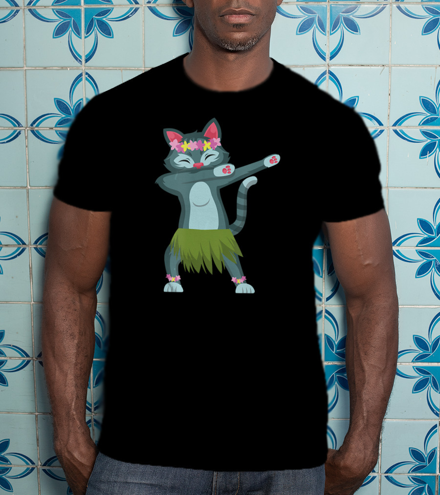 Aloha Cat Hawaiian Dance Mele Kalikimaka Hula Kitty With Floral Crown And Grass Skirt T-Shirt