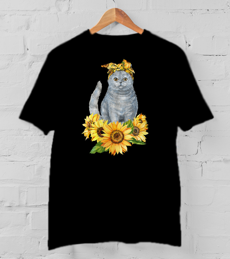 Hippie Cat With Sunflower Bandana And Sunflowers Cute Cat Lover T-Shirt