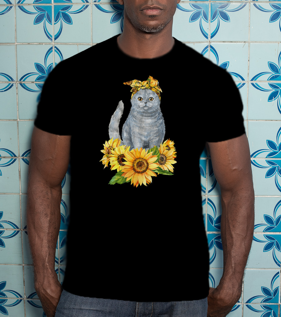Hippie Cat With Sunflower Bandana And Sunflowers Cute Cat Lover T-Shirt