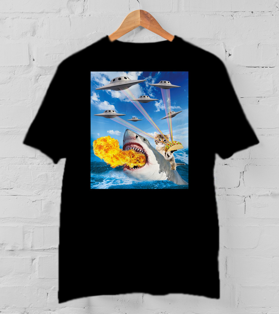 Cat Riding Fire Breathing Shark With UFO Rainbow Lasers And Taco T-Shirt