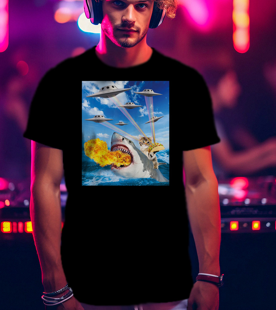 Cat Riding Fire Breathing Shark With UFO Rainbow Lasers And Taco T-Shirt