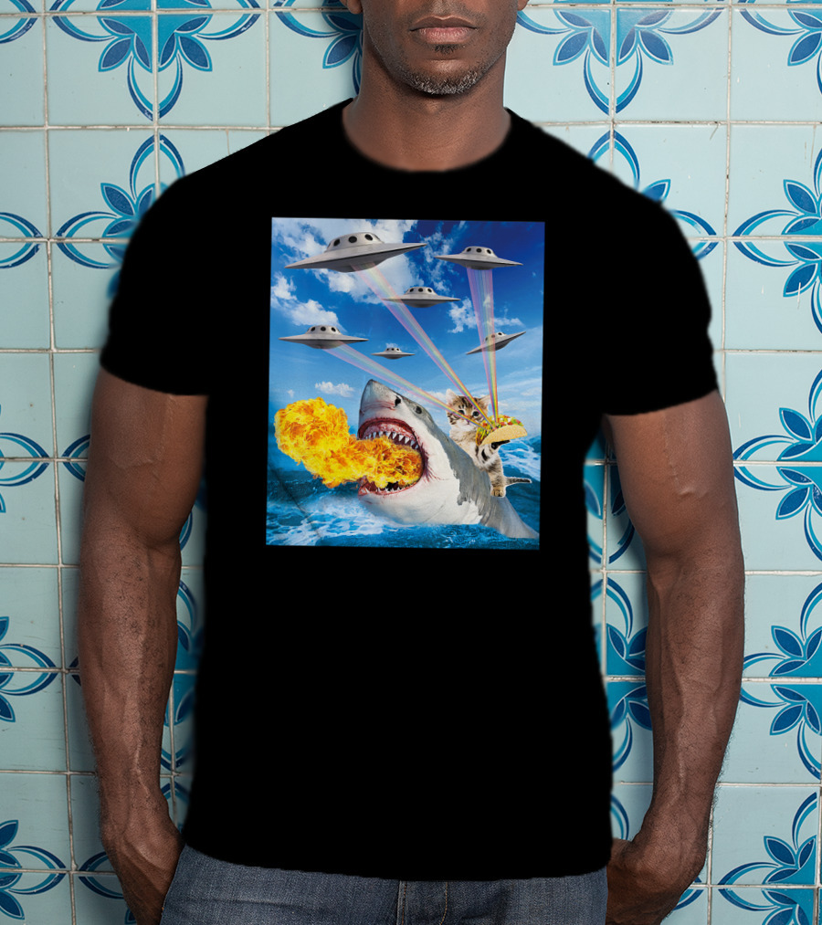Cat Riding Fire Breathing Shark With UFO Rainbow Lasers And Taco T-Shirt