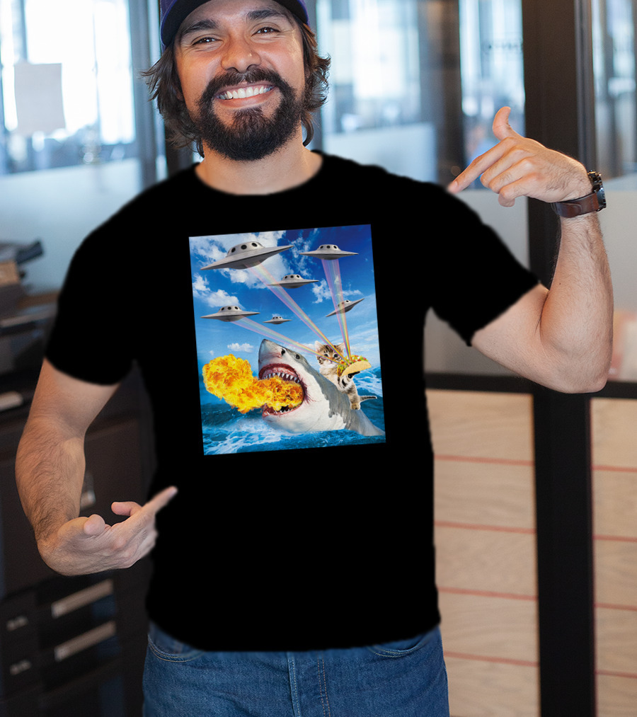 Cat Riding Fire Breathing Shark With UFO Rainbow Lasers And Taco T-Shirt