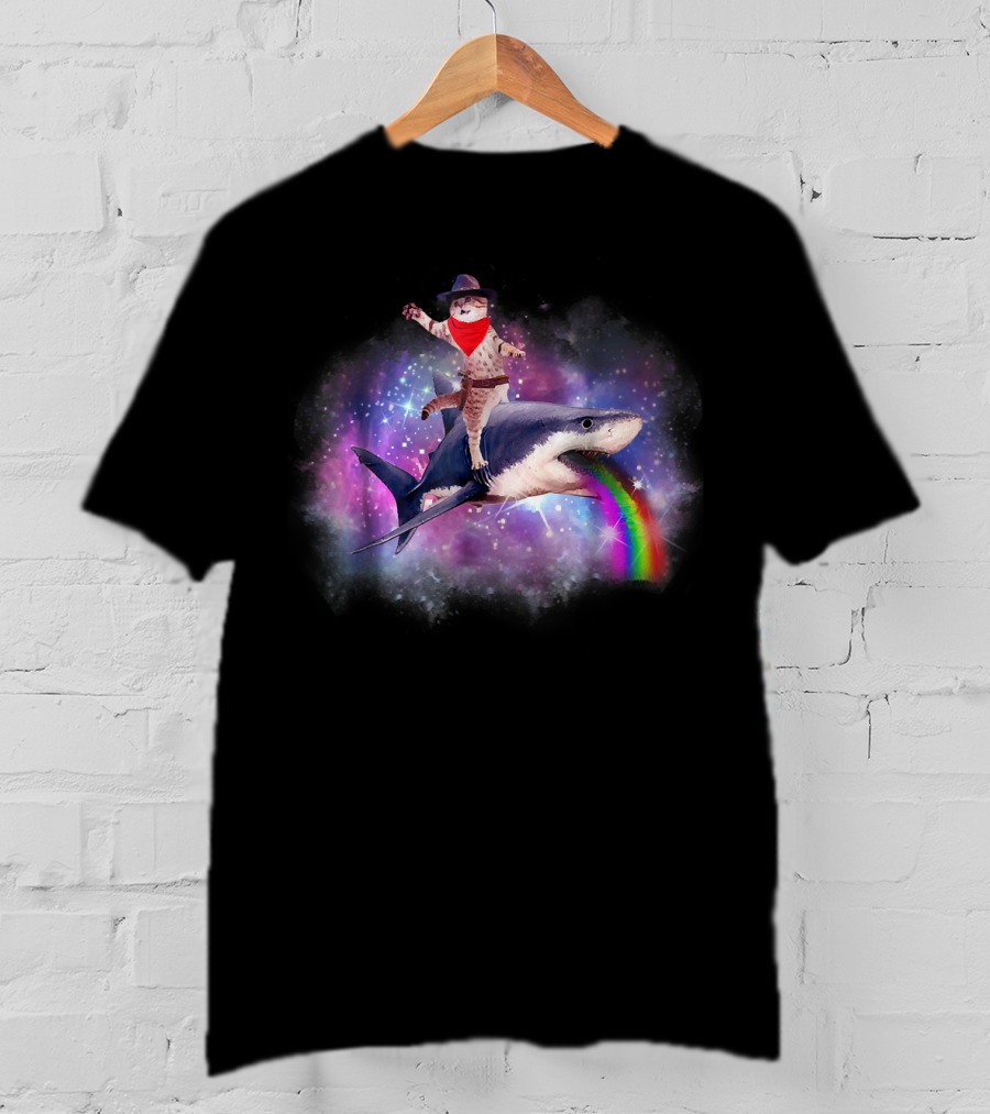 Space Cat Cowboy Riding Rainbow Shark In Galaxy T-Shirt