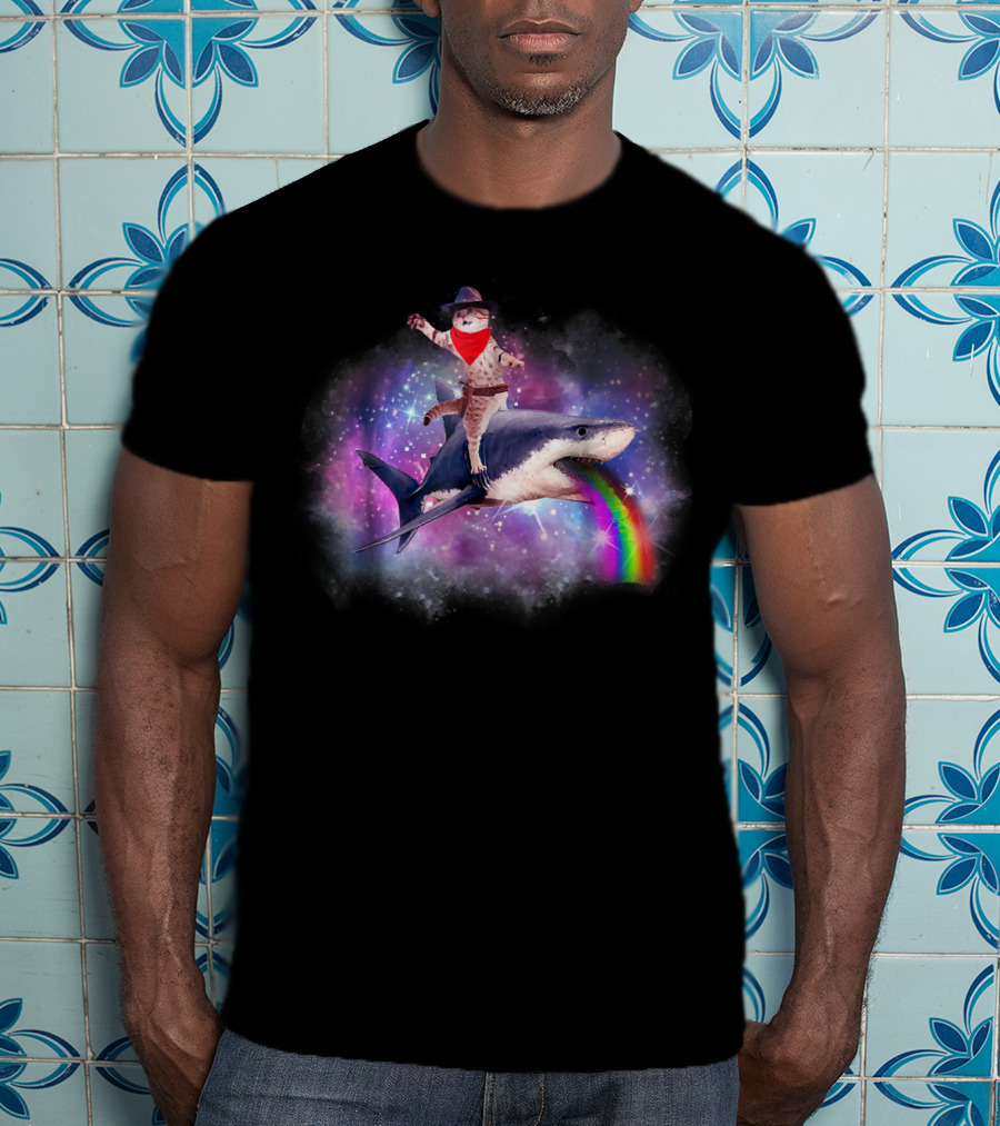 Space Cat Cowboy Riding Rainbow Shark In Galaxy T-Shirt
