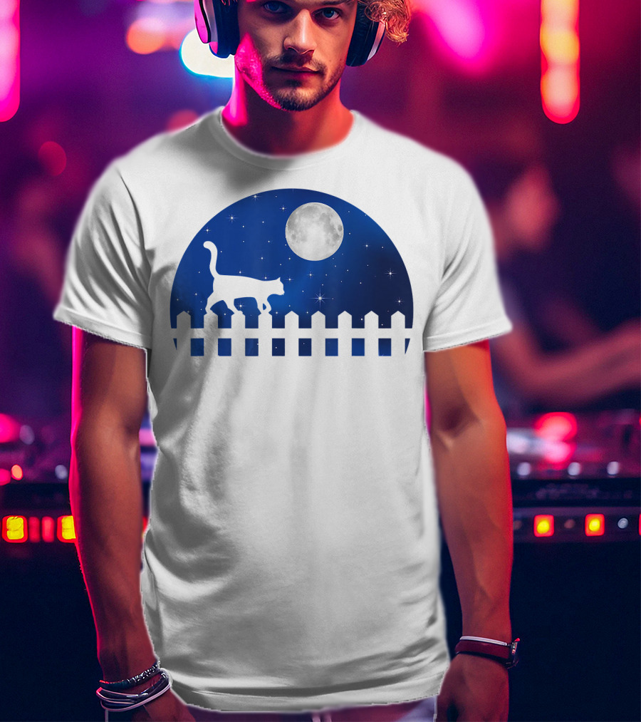 Cat Cat Moon Night Sky Walking Fence T-Shirt