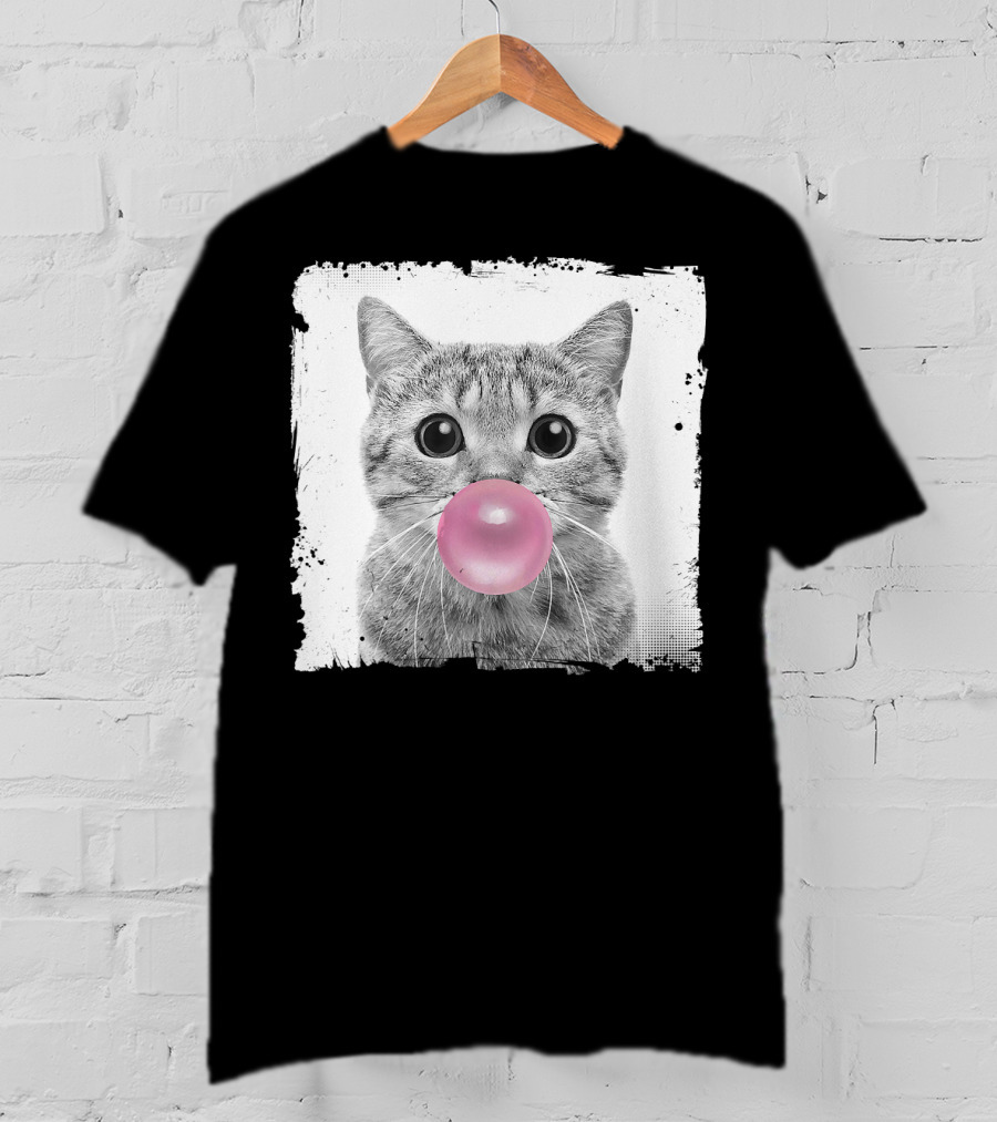 Cute Cat Blowing Pink Bubble Gum For Animal Lover Black And White Sketch T-Shirt
