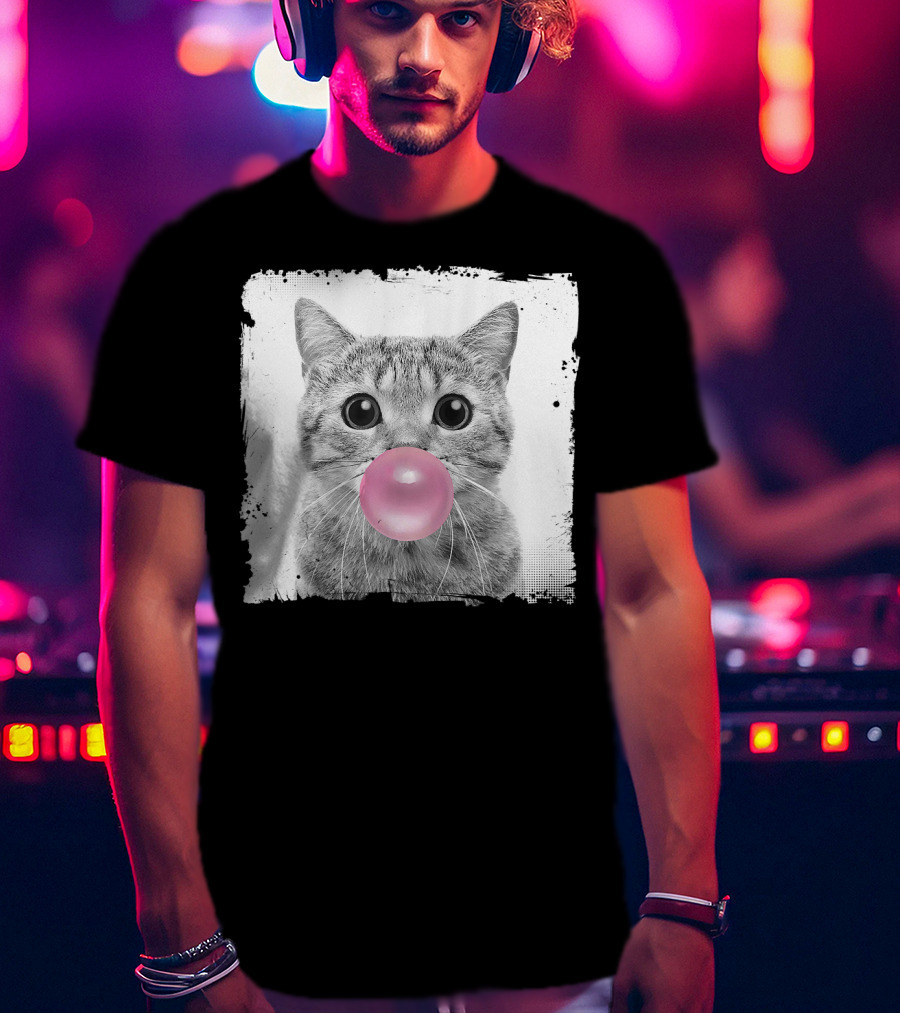 Cute Cat Blowing Pink Bubble Gum For Animal Lover Black And White Sketch T-Shirt