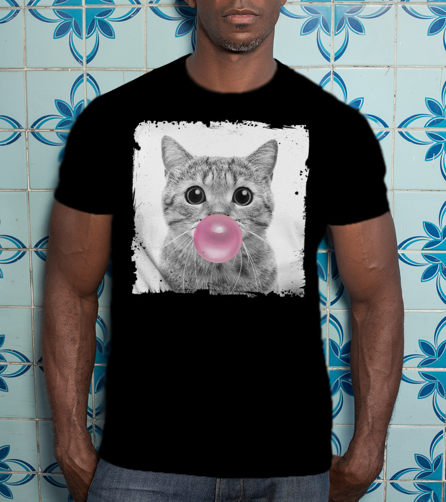 Cute Cat Blowing Pink Bubble Gum For Animal Lover Black And White Sketch T-Shirt
