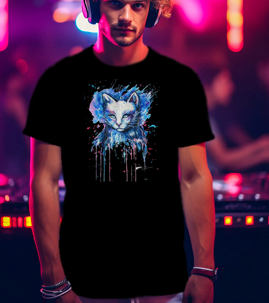 Cute Cat Cosmic Splash Watercolor T-Shirt