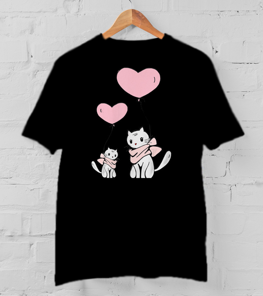 CUTE CATS Wearing Scarves Holding Pink Heart Balloons T-Shirt